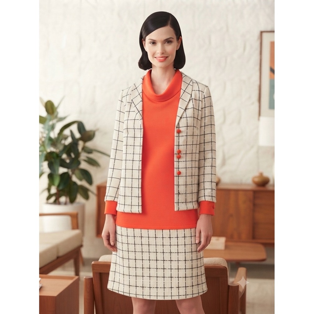 Lou-Ette California Two-Piece Set Mod Orange Grid Pattern Jacket Shell Vintage
